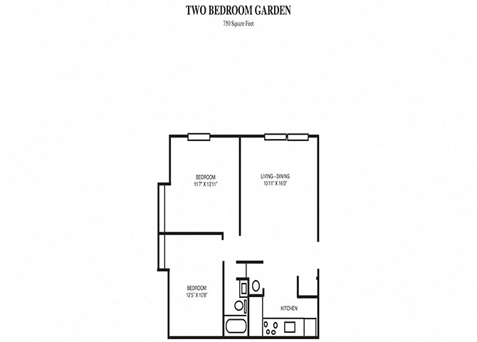 Floor plan for 2 beds, 1 bath, 750 sqft